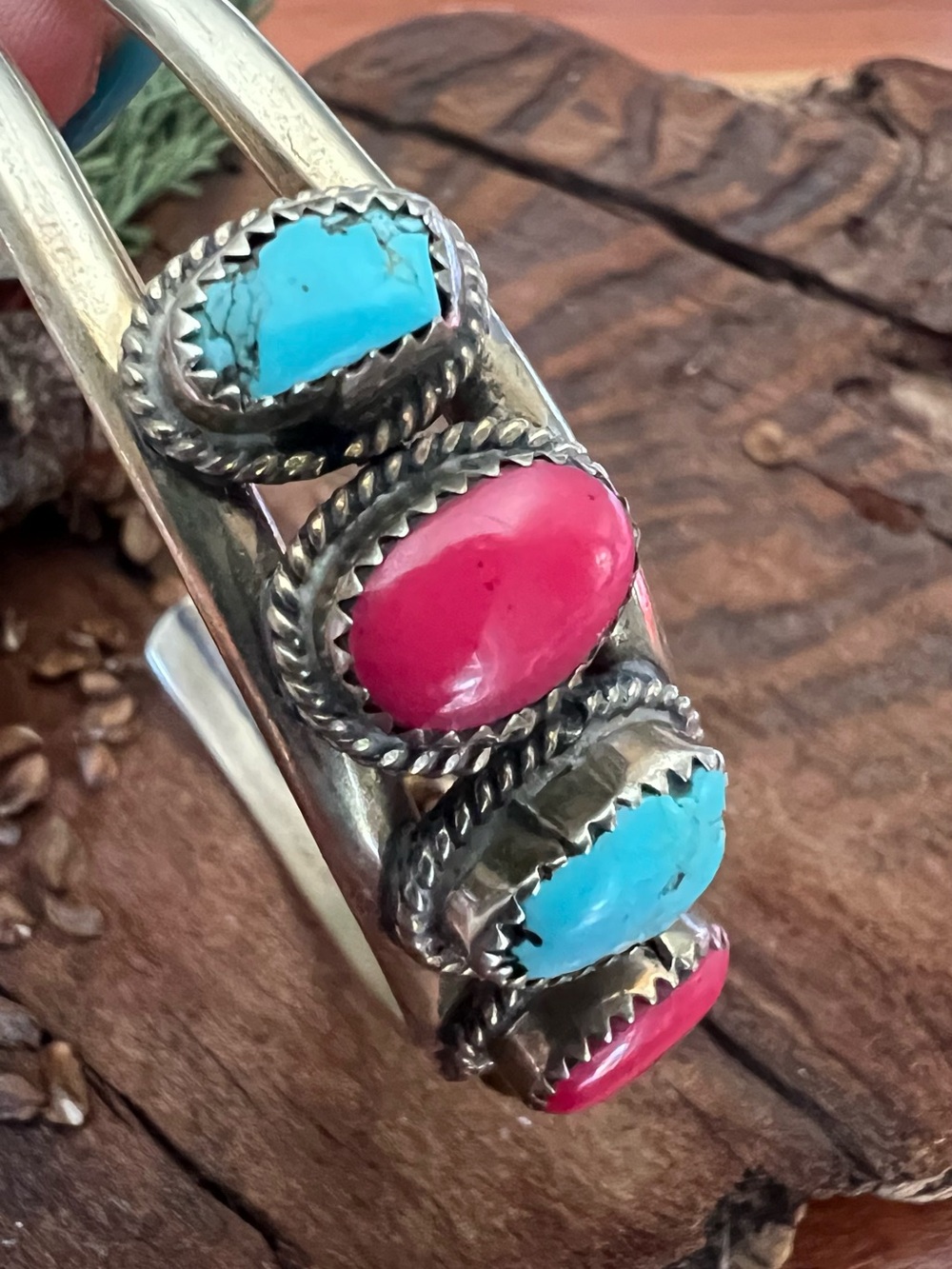 Navajo Coin Silver Bracelet Cuff Blue Turquoise Red Coral XL - Picture 5 of 10